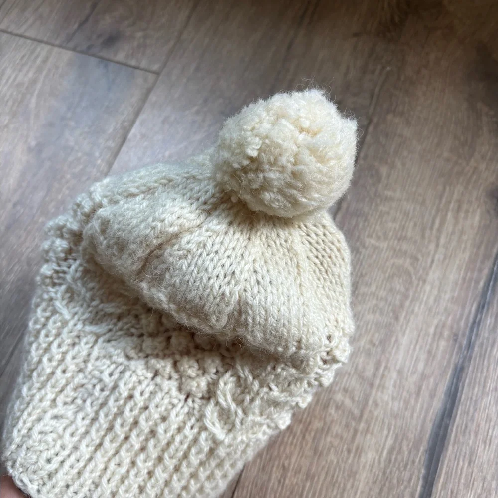 Handknit Wool Beanie with Pom – Cream Cable Knit Woodsy Cottagecore